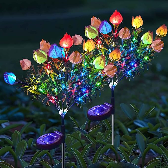 Solar Garden Lights, 7 Heads Gardenia Colorful Flower Light Waterproof Solar Outdoor Lights for Yard Pathway Decor, Two Lightning Modes, 2 Pack Pink