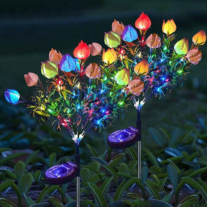 Solar Garden Lights, 7 Heads Gardenia Colorful Flower Light Waterproof Solar Outdoor Lights for Yard Pathway Decor, Two Lightning Modes, 2 Pack Pink