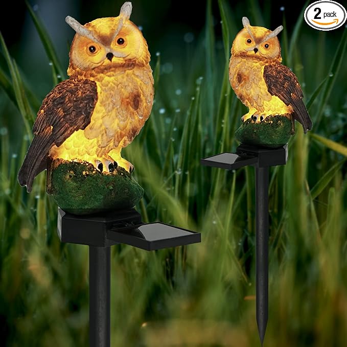 Garden Solar LED Lights - Resin Owl Figure Outdoor Decor, Waterproof Owl Garden Stake Lights for Yard, Pathway, Outside Patio, Lawn Decor (2PCS Brown)