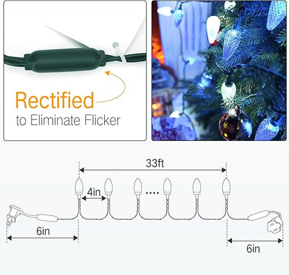 Brizled Blue & White 33ft 50 LED Faceted Outdoor Xmas Lights, Connectable, UL Certified Waterproof for Christmas Tree House Roof Party Decor