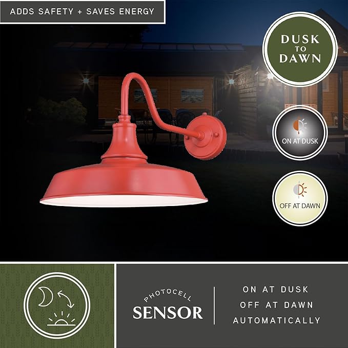 VAXCEL Dorado 12.25 in. H 1-Light Red and White Dusk to Dawn Sensor Farmhouse Outdoor Wall Sconce, Gooseneck Steel Shade, LED Compatible, Dark Sky Compliant for Porch Patio Front Door or Garage