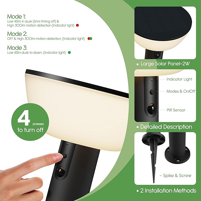 Basin Series - 24.5" Solar Pathway Lights - Walkway Lights for Outside - PIR Sensor & Three Lighting Modes - Rechargeable Battery Lasts Up to 35 Hours - 2700K - Dark Sky Friendly - 4 Pack