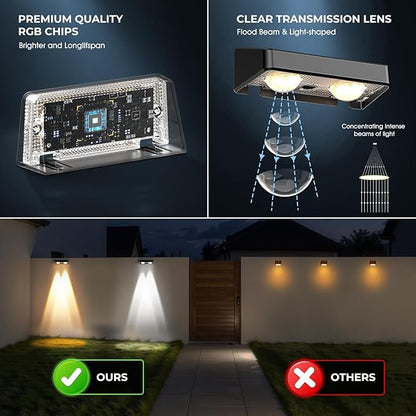 Fence Lights Solar Powered, Led Solar Fence Lights Outdoor IP65 Waterproof, Warm/Cool White and RGB Colors Changing Solar Wall Lights for Garage Backyard Railing Step Patio Pool - 8Pack