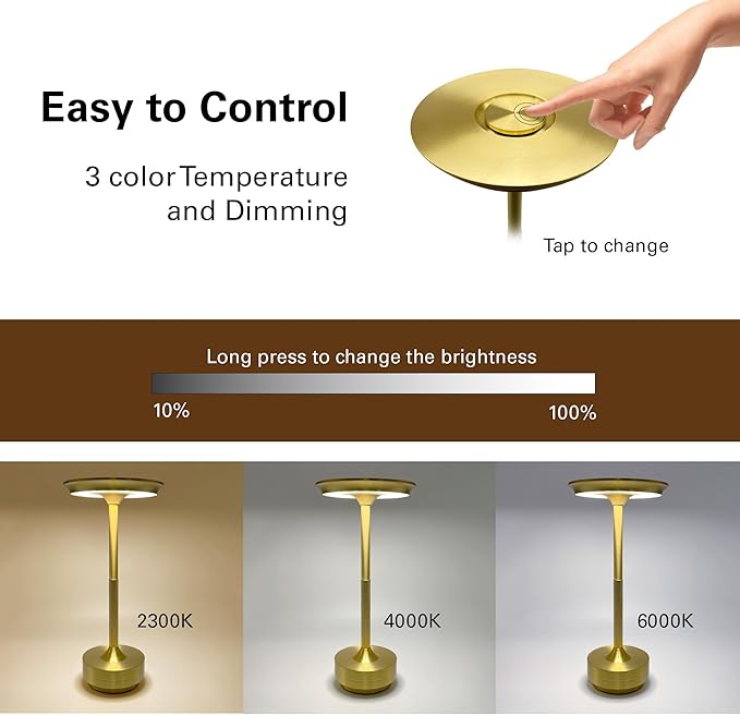 Cordless Table Lamps Rechargeable, Portable Battery Operated Lamp, Stepless Dimming LED Table Light with Memory Function, for Outdoor/Dinner/Patio/Restaurant, (Gold 4 Pack)