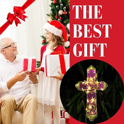 Solar Cross Stake for Cemetery Grave, Memorial Grave Decoration with Flowers and LED Light, Outdoor Solar Cross for Lawn Garden Pathway Decor (Fuchsia)