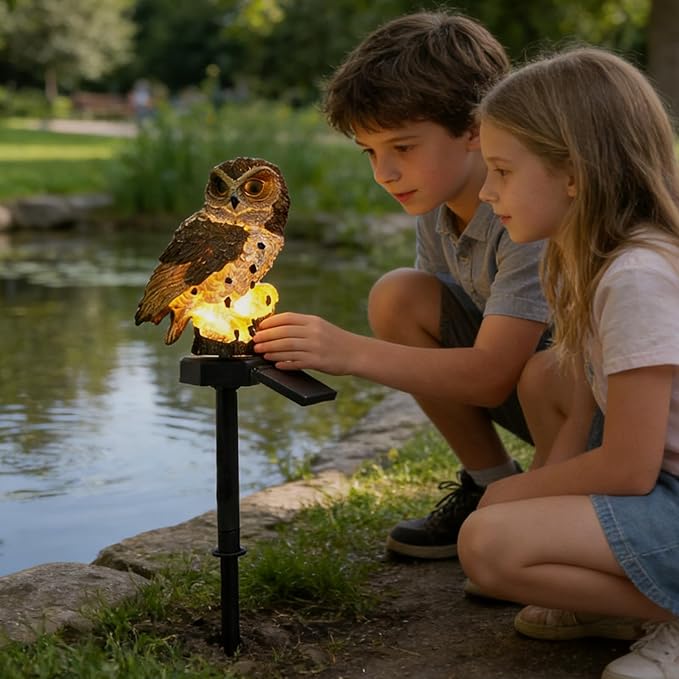 Solar Owl Lamp | Decorative Resin Animal Figure, with Solar Lawn Lights Including Stake – For Garden, Lawn, Ground, Landscape, Path, Park and Yard