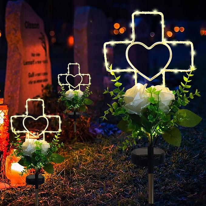 Lmtocs Solar Cross Grave Decorations for Cemetery Loved One, Memorial Sympathy Gifts for Loss of Loved One, Cemetery Decorations for Memorial Day, Mother Day, Father Day, Christmas Grave Decorations