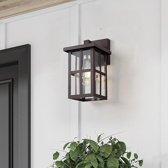 MICSIU 2-Pack Bronze Outdoor Wall Light Fixtures, 11" Modern Farmhouse Exterior Wall Mount Lantern with Clear Glass, Anti-Rust Square Sconce for House Porch Garage, Oil Rubbed Bronze