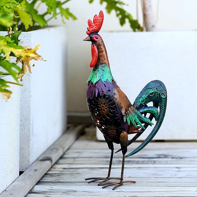 Solar Animal Lights Outdoor-18.2" Big Rooster Figurine Garden Decor with Metal Yard Art.Rooster Statue Light for Pathway Patio Backyard Decoration Lawn Ornaments