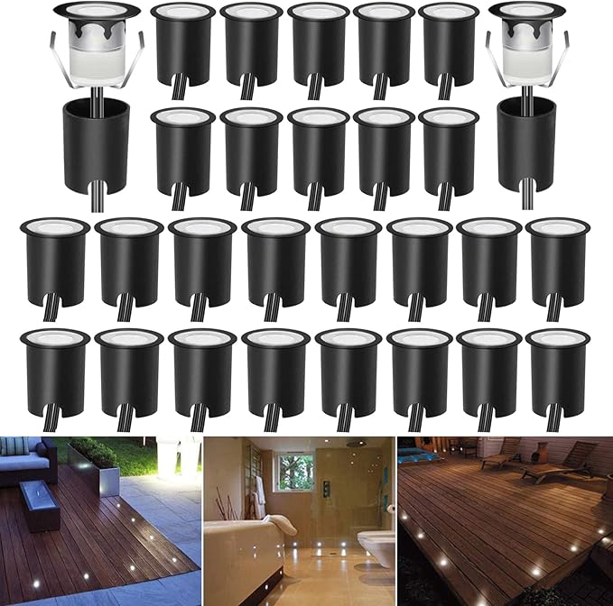 LED Recessed Deck Light Kits with Protecting Shell,Outdoor Landscape Lighting IP67 Waterproof,DC 12V Low Voltage Cool White for Garden,Yard,Stair,Patio Decoration In Ground(30pcs,Black Border)