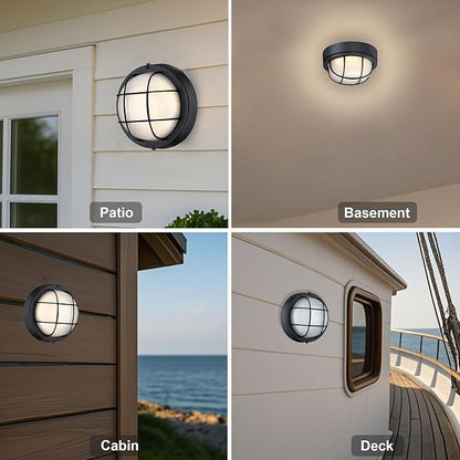 GRUENLICH 8'' Round LED Bulkhead Light Fixture, Outdoor Wall Lights Dimmable, Sauna & Exterior Lighting, ETL Rated, 15W 1500 Lumen, 3000K Warm White, Black Cast Aluminum, Wall/Ceiling Mount, 2 Pack