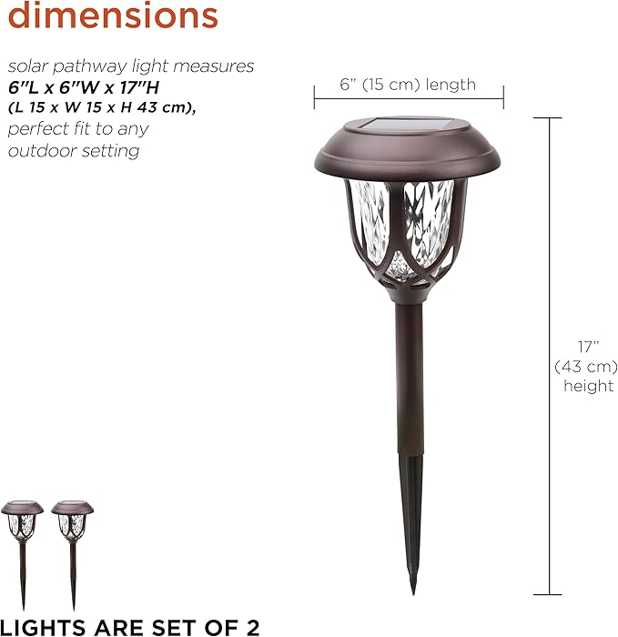 Alpine Corporation 17" Tall Super Bright High Lumen Outdoor Solar Powered Pathway Light Stakes, Bronze (Set of 2)