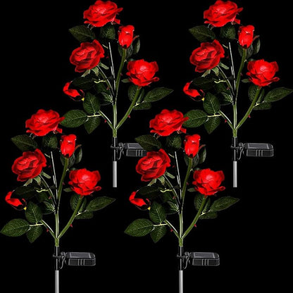 4 Pack Outdoor Solar Flower Lights with 20 Waterproof Realistic Solar Powered Rose Flowers Waterproof Decorative Lights for Garden Outside Patio Yard Lawn Pathway Backyard Decor(Red)