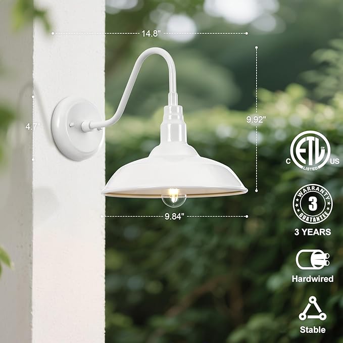 10'' Diameter Outdoor Gooseneck Barn Light Fixture with Wall Mount, White Exterior Waterproof Porch Barn Door Wall | Lumora