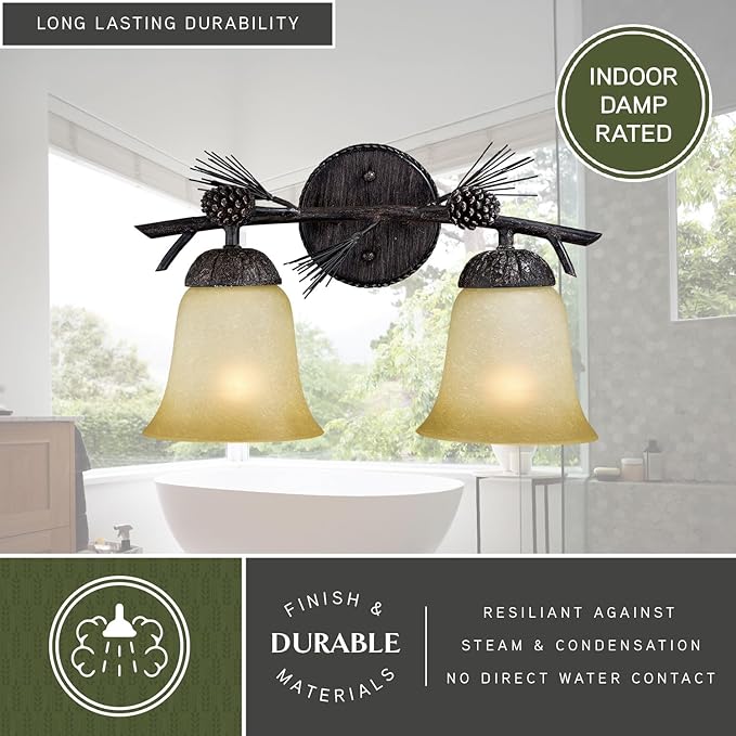 VAXCEL Sierra 2-Light 15 inch Wide Black Walnut Rustic Bathroom Vanity Lighting Fixture, Creme Cognac Glass Shade | Lumora