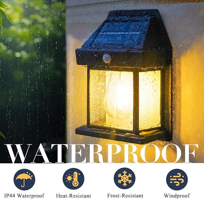 2-Pack 6.8" H Outdoor Solar Wall Light Motion Sensor Porch Flood Dawn Lighting 3 Lights Modes for Patio Garage Shed Barn Door Yard Outside Decorative Waterproot,- Black.