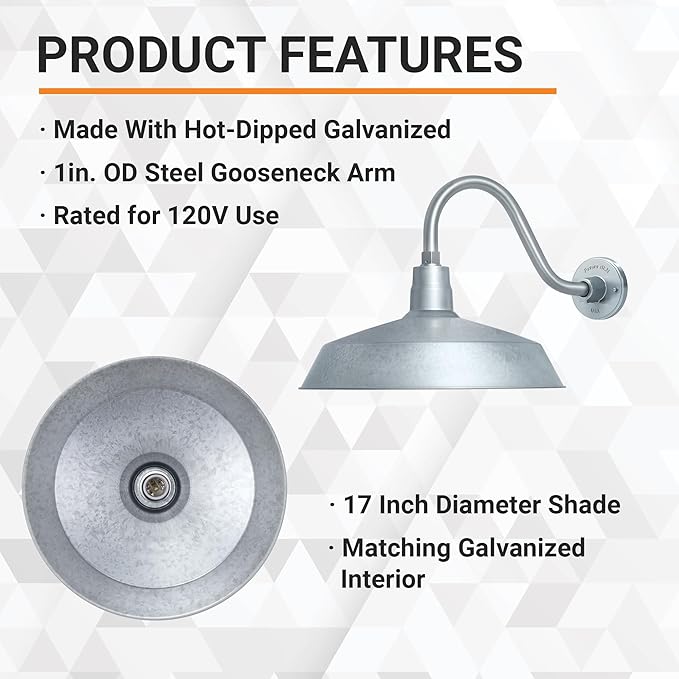 17in. Galvanized Finish Outdoor Gooseneck Barn Light Fixture with 14.5 in. Long Extension Arm - Wall Sconce | Lumora