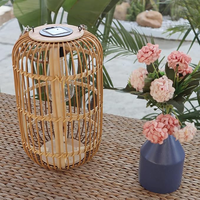 Livinlarge Solar Lantern Outdoor Waterproof, Large Rattan Solar Lantern Outdoor Hanging with Handle, Natural Bamboo | Lumora