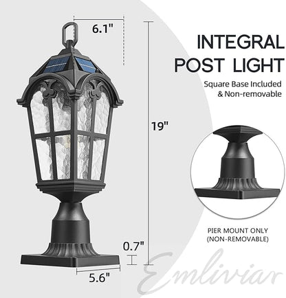 Emliviar 19" Portable Solar Post Light for Patio and Camping, Table Lamp with Pier Mount Base in Black Finish, Outdoor Solar Lighting with Water Grain Glass Shade, YXE302P-ML SL BK