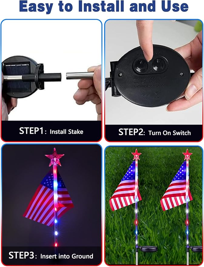 10 Pack American Flag Solar Lights Outdoor, 4th of July Decorations with 2 Modes, Waterproof Solar Flag Patriotic | Lumora