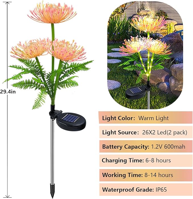AVEKI Outdoor Solar Garden Lights, 2 Pack Solar Equinox Flowers Lights Colored LED Beads IP65 Waterproof Landscape Lights Outside Lights for Yard Lawn Patio Women's Gift (Warm Light)