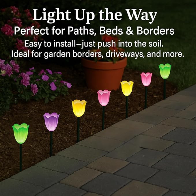 SkyMall Decorative Tulip Stake Lights – Set of 8 Battery-Powered Yard Lights – Garden Pathway LED Flowers in Pink, Purple, Yellow & Green – Outdoor Accent Lighting, 12” Tall, AAA Batteries Required