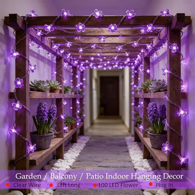 Decorative Connectable 33ft Purple Flower String Lights with 100 LEDs, Memory Function & 8 Modes. Perfect for Bedroom, Christmas, Weddings, Valentine's & Garden Indoor Outdoor Hanging Decorations