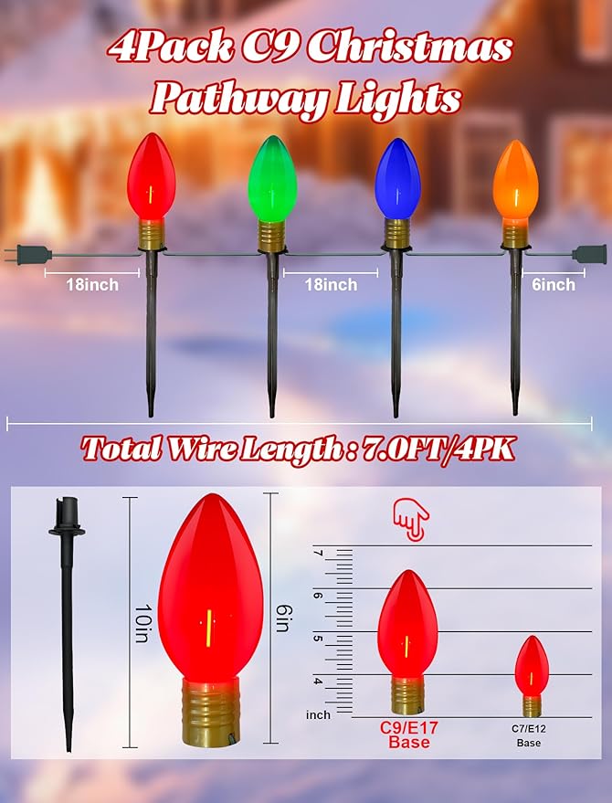 C9 LED Pathway Lights 7Ft Christmas Pathway Lights, Multicolor Walkway Light Outdoor with 4 Marker Stakes Connectable Holiday Commercial Christmas Decoration UL Listed - Green Wire