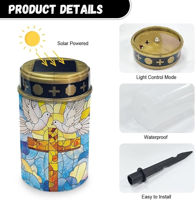 Cemetery Solar Lights for Grave, Pigeon Cross Sun Pattern Outdoor Decor, Outdoor Garden Waterproof Path Lights for Night Outside