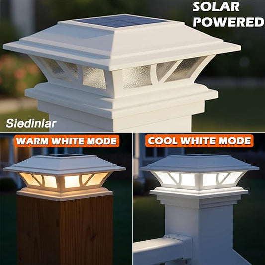 SIEDiNLAR Solar Post Lights Outdoor 2 Modes LED Fence Deck Cap Light for 4x4 5x5 6x6 Posts Garden Patio Decoration Warm White/Cool White Lighting White (8 Pack)
