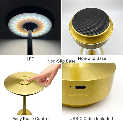 Cordless Table Lamps Rechargeable, Portable Battery Operated Lamp, 3 Color Stepless Dimming LED Table Light with Memory Function, for Outdoor/Dinner/Patio/Restaurant (Gold)