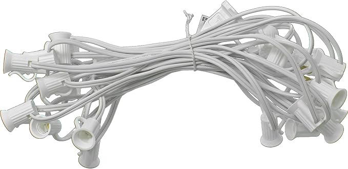 EST. LEE DISPLAY L D 1902 Outdoor Patio String Light Cords with Male & Female Plugs Green & White Wire 12in Spacing Sockets, 25FT Length (White, C9 - E17)