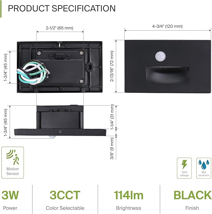 ASD LED Recessed Step Light Fixture, Outdoor & Indoor Stair Tread Lighting | 3CCT, Motion Sensor, Waterproof, ETL Listed | 3W 120LM 3000K-5000K 120V | Staircase Hardwired Illumination | Black