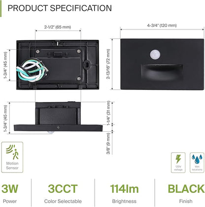 ASD LED Recessed Step Light Fixture, Outdoor & Indoor Stair Tread Lighting | 3CCT, Motion Sensor, Waterproof, ETL Listed | 3W 120LM 3000K-5000K 120V | Staircase Hardwired Illumination | Black