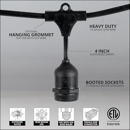 30-ft 10 Suspended Sockets E26 Commercial Patio Light Stringer, Heavy Duty Weatherproof SJTW Black Wire, 36" Spacing, 16 AWG, Cord Only