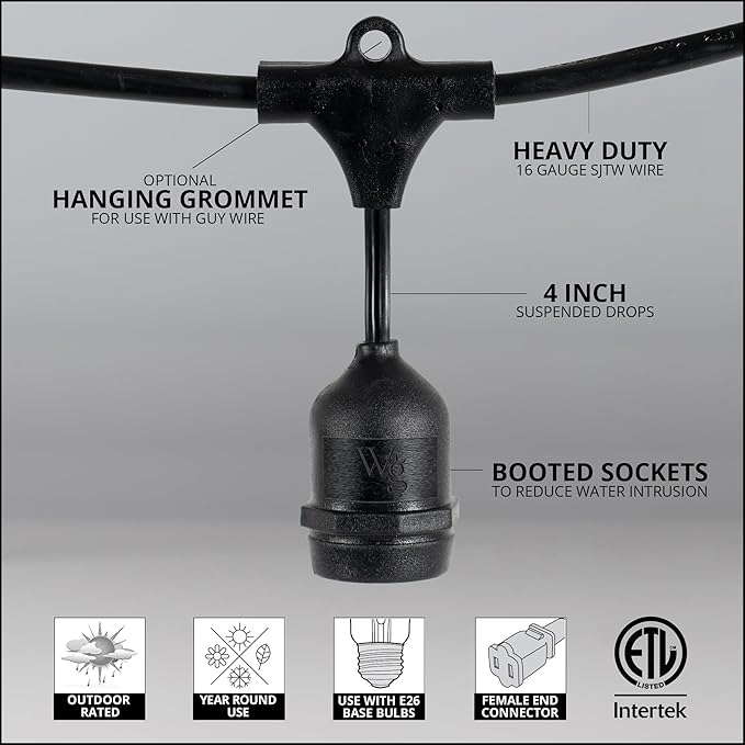 100-ft 50 Suspended Sockets E26 Commercial Patio Light Stringer, Heavy Duty - Outdoor Security Flood Light | Lumora