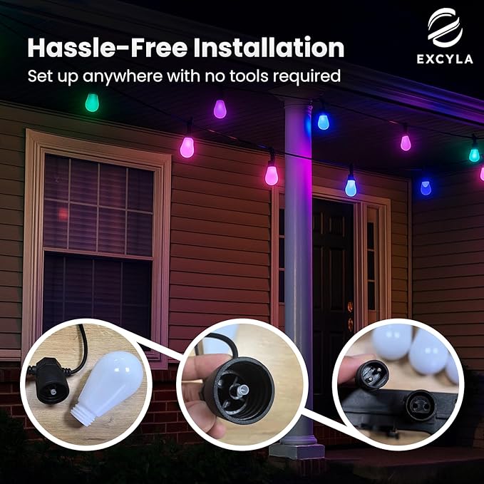Smart Outdoor String Lights for Patio & Backyard | LED Color Changing Dimmable Bulbs | Waterproof & Shatterproof Design | Remote & App Control | Alexa Compatible | 15 Bulbs | 50ft | Pack of 2
