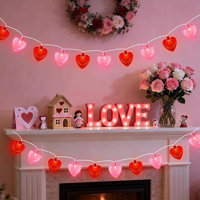 8.5Ft Red & Pink Heart String Lights, Valentine's Day Decorations Light with 10 LED Red - Decorative Outdoor Light | Lumora