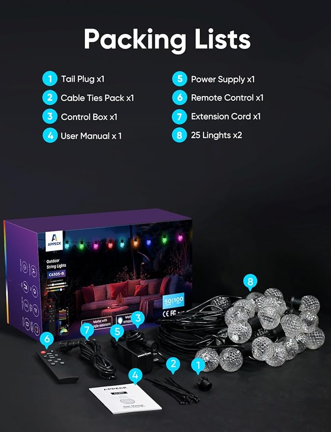 APPECK Outdoor String Lights 100FT, RGBW Smart Patio Lights with 111 Scene Modes, Christmas String Lights with 50 | Lumora