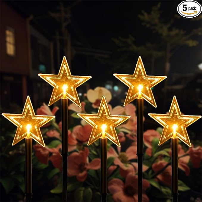 Solar Christmas Pathway Lights, 5 Pack Solar Christmas Decor Star Lights Outdoor Waterproof Stake Lights Garden Decorative Lights Walkway Lights for Landscape Yard Lawn Patio Wedding Party(Warm White)