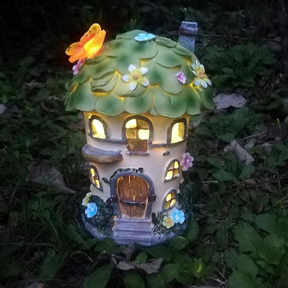Solar Garden Figurine Lights, Large Resin Mushroom House Decorative Statue Waterproof Outside Ornament for Patio Yard Lawn Balcony (Green)