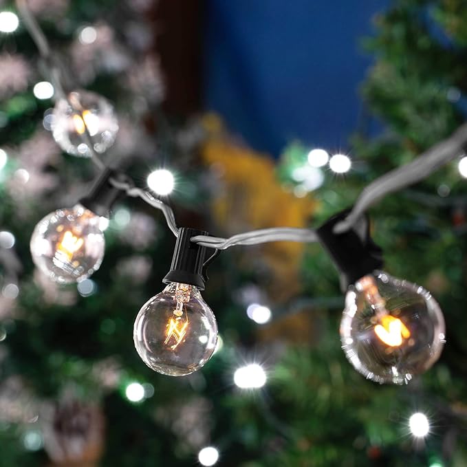 G50 Patio String Lights with 25 Clear Globe Bulbs Outdoor Cafe Hanging Lights Black Wire - 25 Feet
