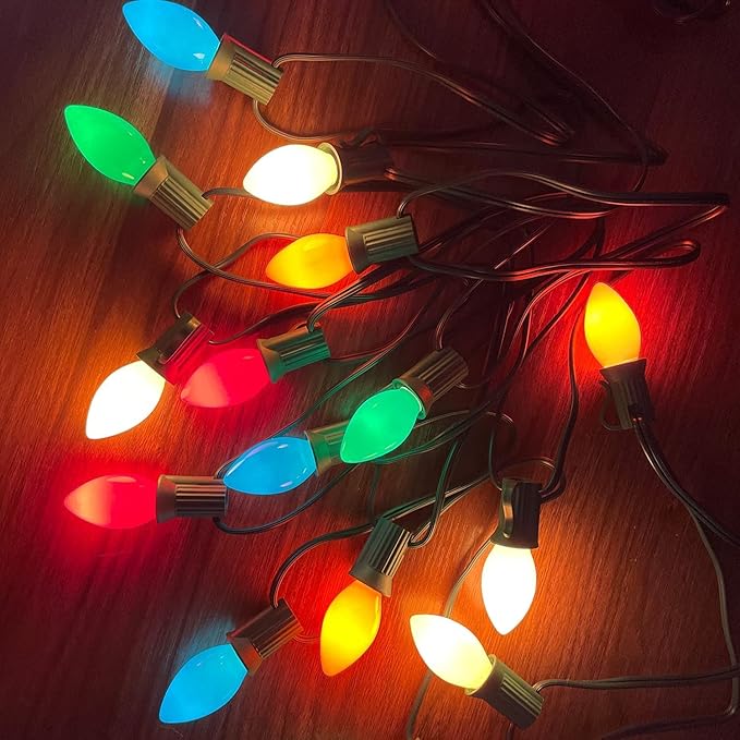 C7 LED Christmas Lights 25Ft Multicolor Christmas String Lights Outdoor with 27 Ceramic LED Light Bulbs, String Lights for Tree Decor Patio Carnival, E12 Candelabra Base Base