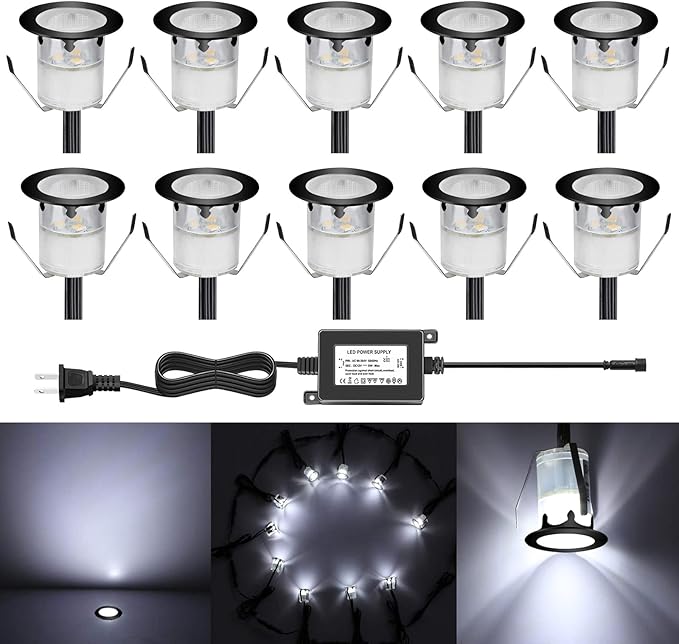 Low Voltage LED Deck Light Kit Stainless Steel Waterproof Recessed Wood Decking Stairs Garden Yard Patio Decor Lamp Black Border Outdoor LED Lighting (Cool White, 10pcs)