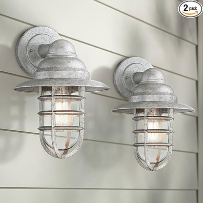 John Timberland Marlowe 13 1/4" High Farmhouse Rustic Modern Hooded Cage Outdoor Wall Light Fixture Mount Porch House Exterior Outside Set of 2 Edison Bulb Weatherproof Galvanized Clear Glass Shade