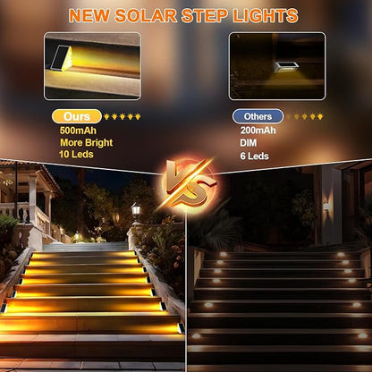 6 Pack Solar Stair Lights Outdoor Stair Lights with Waterproof IP67 LED Solar Light for Outside Light Decor for Deck, Front Step, Front Porch, Patio, Garden and Backyard