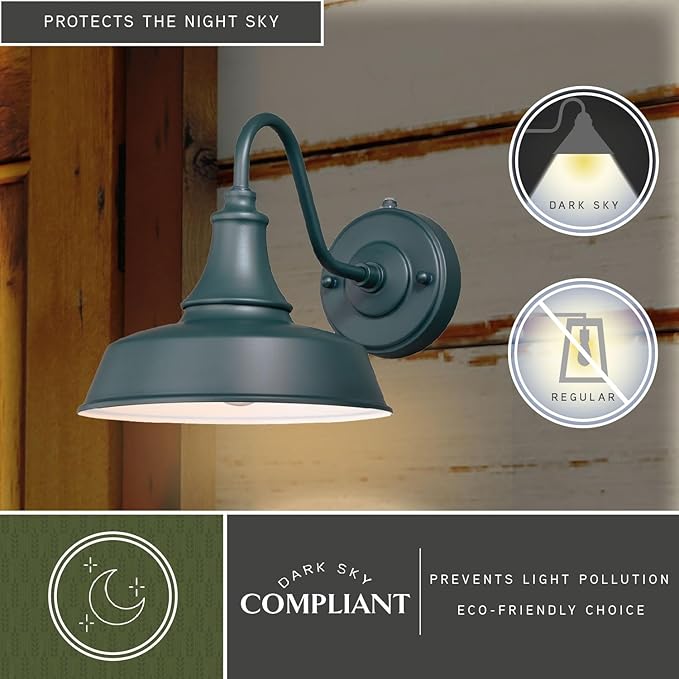 VAXCEL Dorado 9 in. H 1-Light Hunter Green and White Dusk to Dawn Sensor Farmhouse Outdoor Wall Sconce, Gooseneck Steel Shade, Dark Sky Compliant for Exterior Porch Patio Front Door or Garage