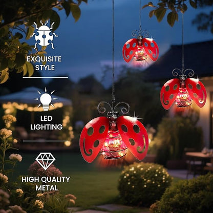 Solar Hanging Ladybug Lights LED Waterproof Powered Outdoor Garden Decor Light Unique Decorations for Sister Birthday Gardening Gifts for Mom Women Yard Path Front Porch Balcony Backyard