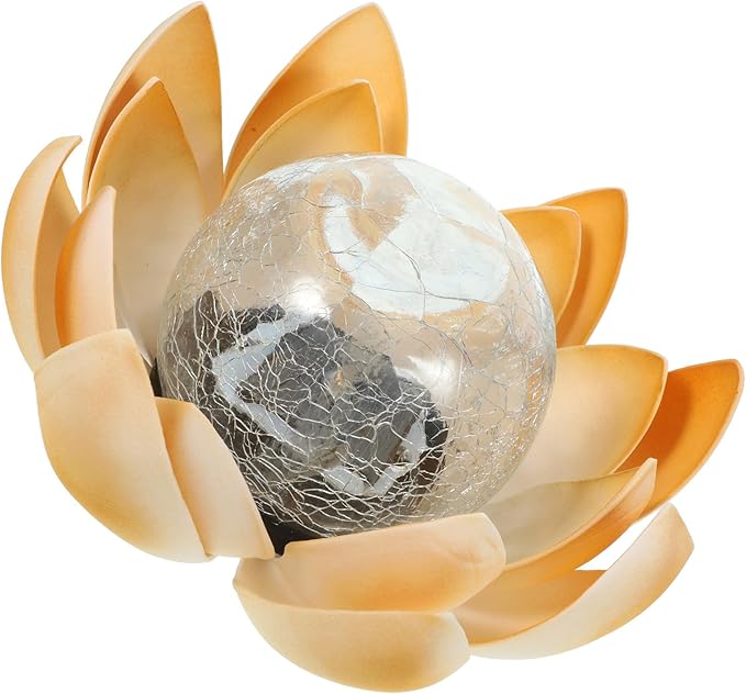 Solar Powered LED Lotus Crackle Glass Path Light Yellow, Garden Lawn Decorative Outdoor Solar Energy Lamp for Yard and Patio