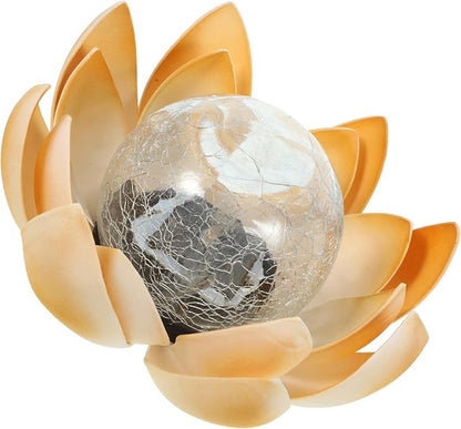 Solar Powered LED Lotus Crackle Glass Path Light Yellow, Garden Lawn Decorative Outdoor Solar Energy Lamp for Yard and Patio